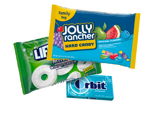 Picture of bags of Jolly Ranchers, Lifesavers mints and an orbit brand gum pack
